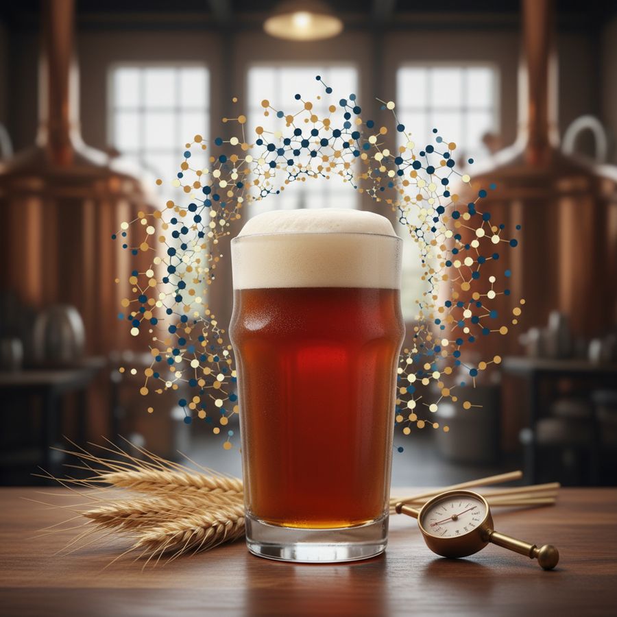 Brouwproces van alcoholvrij bier met mout hop en vol glas met stevige schuimkraag