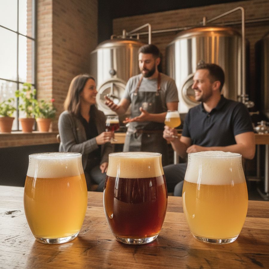 Proefglazen met blond, amber en licht bier op houten tafel in een heldere brouwerij met bezoekers.