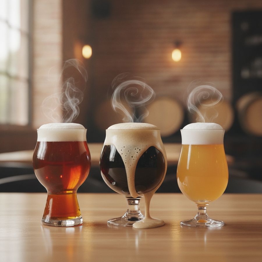 Verschillende gevulde bierglazen staan naast elkaar op een lichte tafel in een rustige proefruimte.