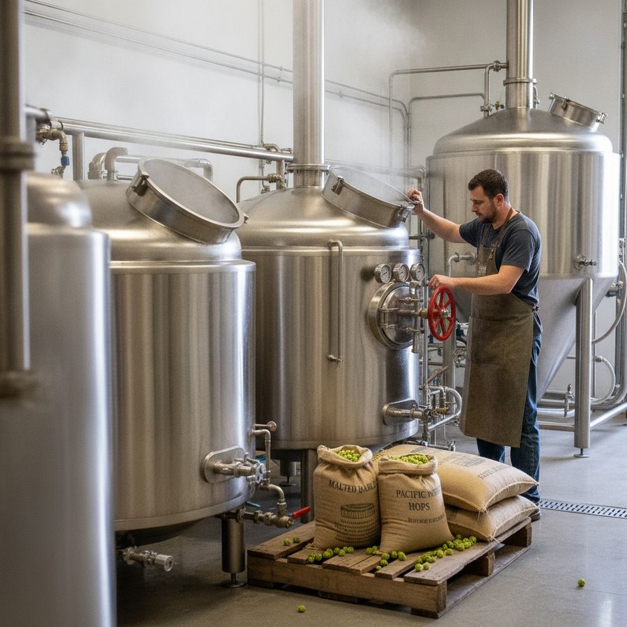 Een brouwer controleert ketels en leidingen terwijl stoom opstijgt in een helder verlichte productieruimte.