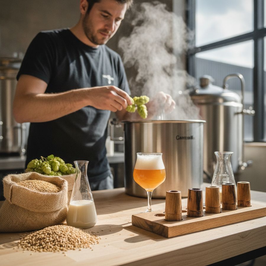 Hop, mout, gist en een bierglas liggen op een heldere werkbank naast een klein houten vat.