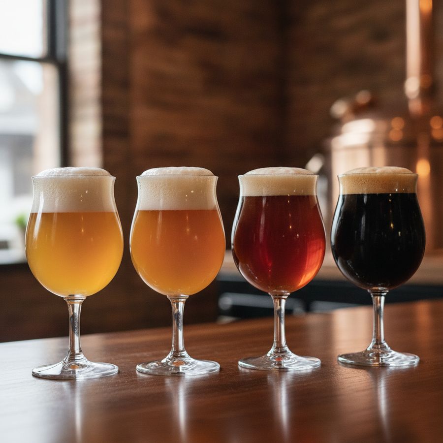 Rij degustatieglazen met blond, amber en donker bier op een nette toog met zachte verlichting.