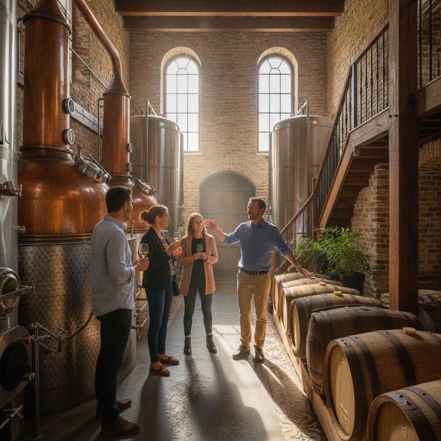 Bezoekers volgen een gids langs koperen ketels en glanzende tanks in een warme, lichte brouwerij.