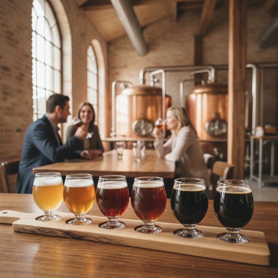 Proefglazen met verschillende bierkleuren op een houten plank in een warme brouwerijsfeer.