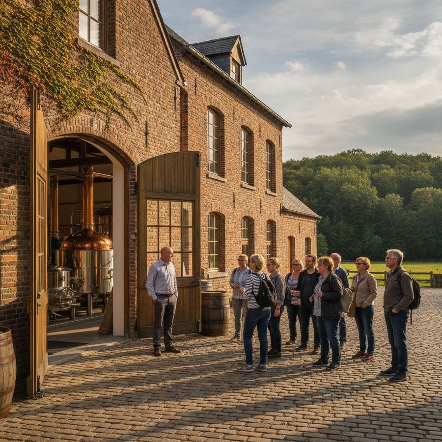 Bezoekers wandelen ontspannen naar een sfeervolle brouwerijsite met bakstenen gebouwen en glanzende installaties.