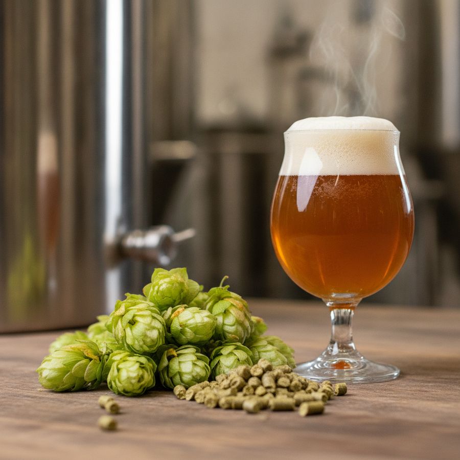 Verse hopbellen naast een proefglas bier in een lichte brouwerijomgeving met zachte scherptediepte.