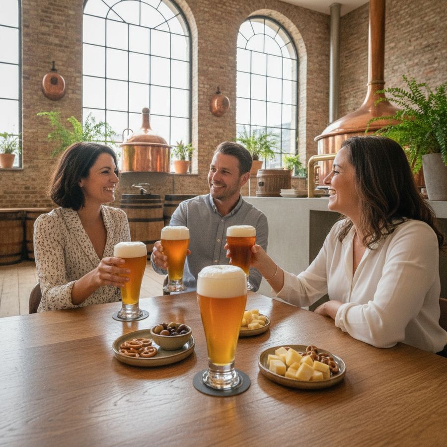 Twee volwassenen genieten van alcoholvrije bieren aan een lichte tafel met kleine hapjes in een brouwerijcafé.