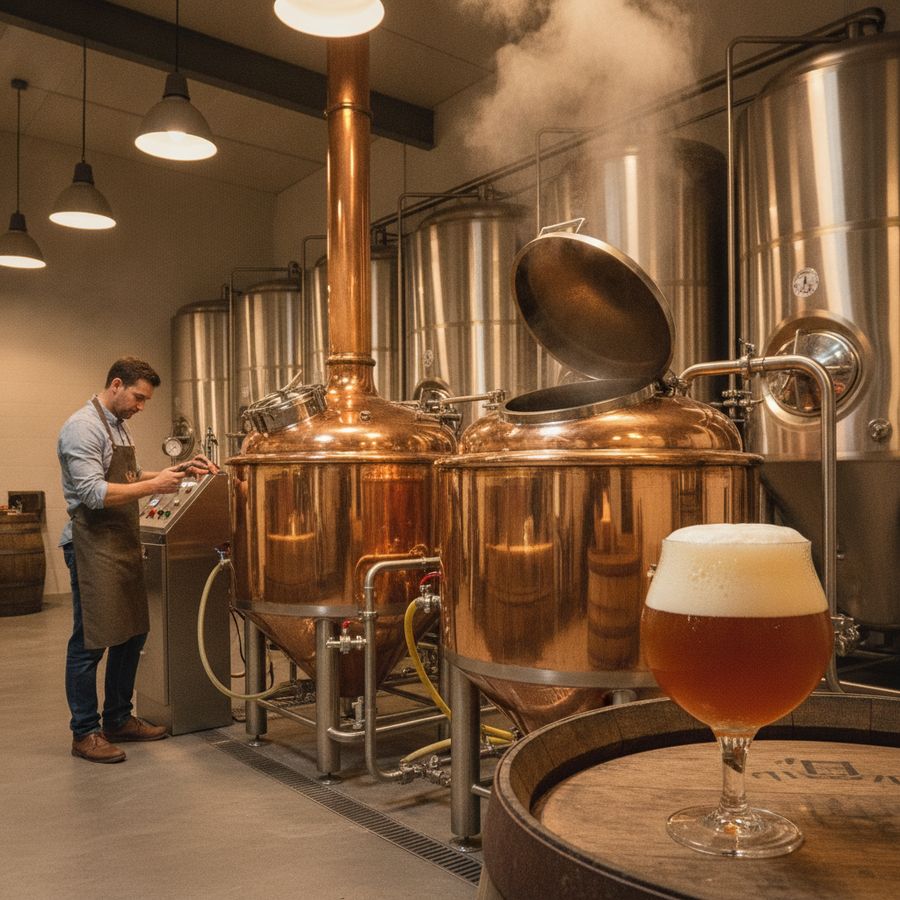 Brouwer bij ketels en gisttanks met een helder bierglas op de voorgrond in warm licht.