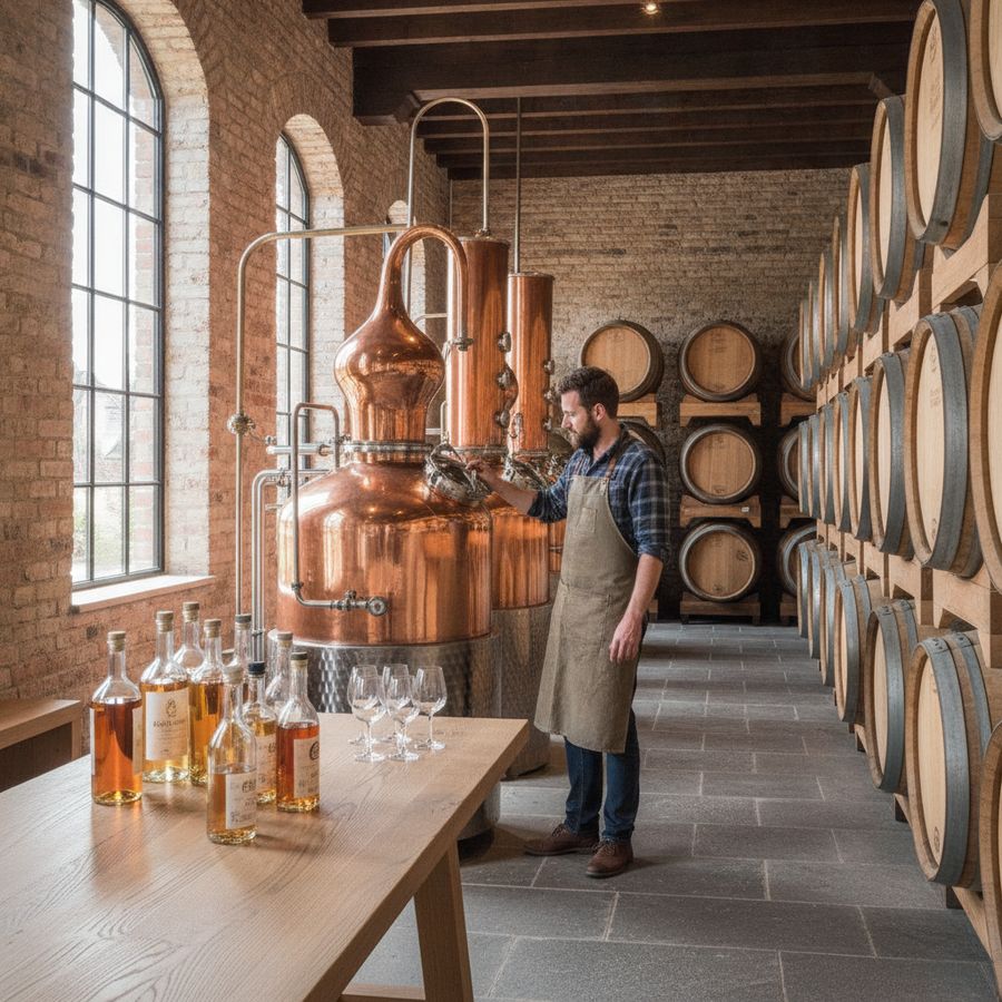 Koperen ketels, houten vaten en glazen spirits in een lichte ambachtelijke distilleerderij met een distilleerder erbij.