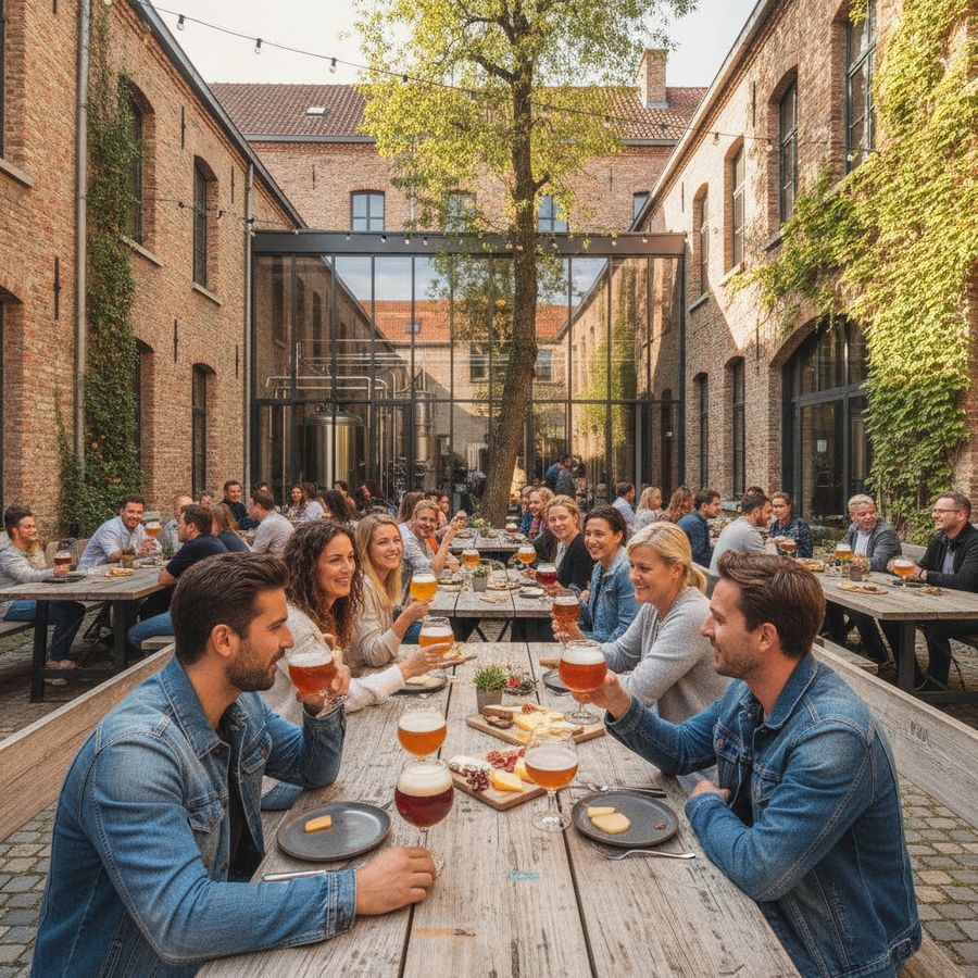 Zonnig brouwerijterras met bezoekers, proefglazen en historische gebouwen op de achtergrond.