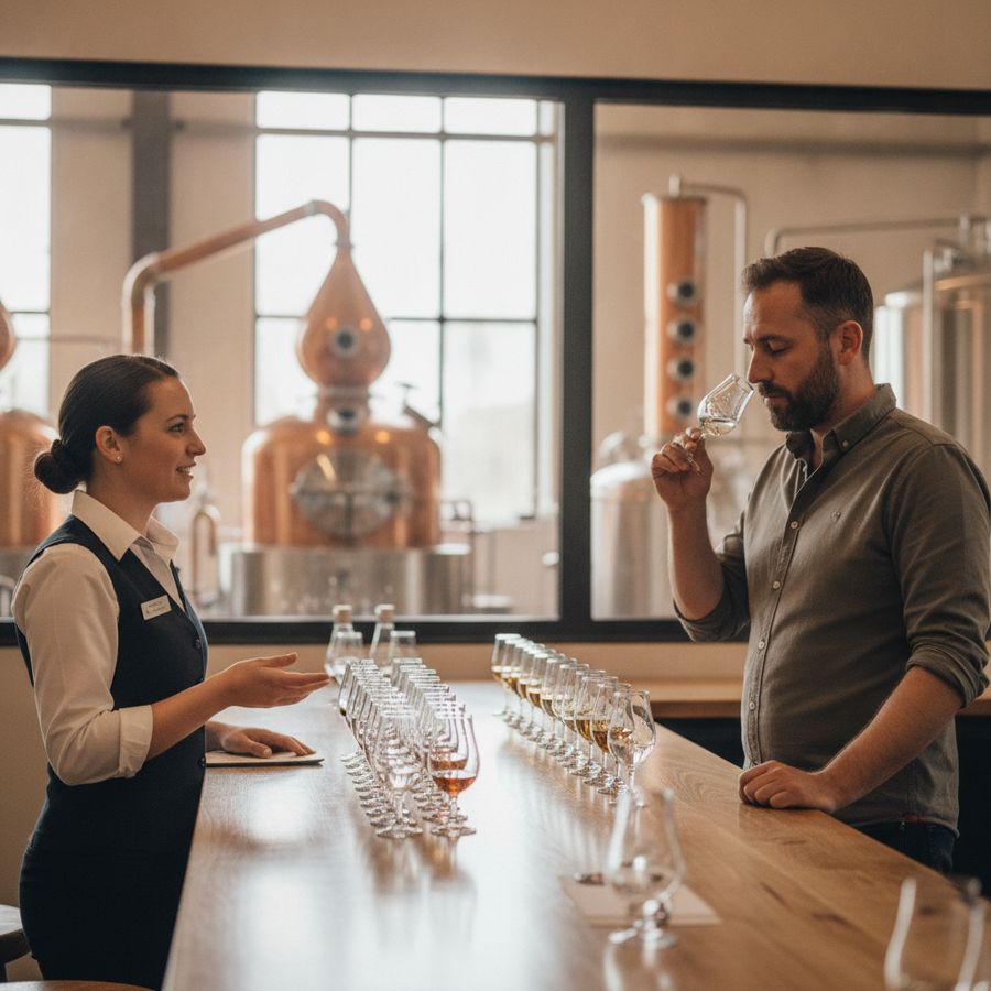 Bezoeker proeft kleine glazen spirits aan een houten toog met distilleerketels zacht zichtbaar op de achtergrond.
