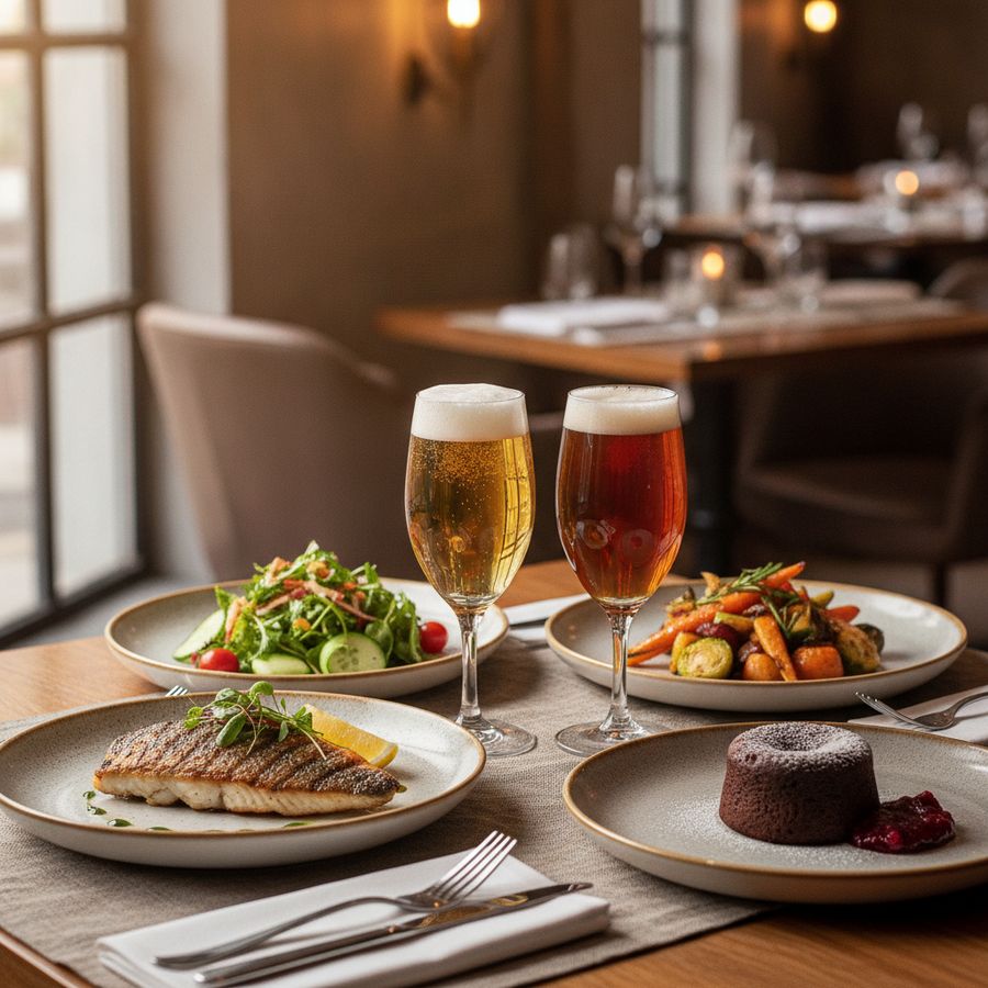 Gedekte restauranttafel met alcoholvrije bieren naast vis, groenten, salade en een dessert in warm licht.