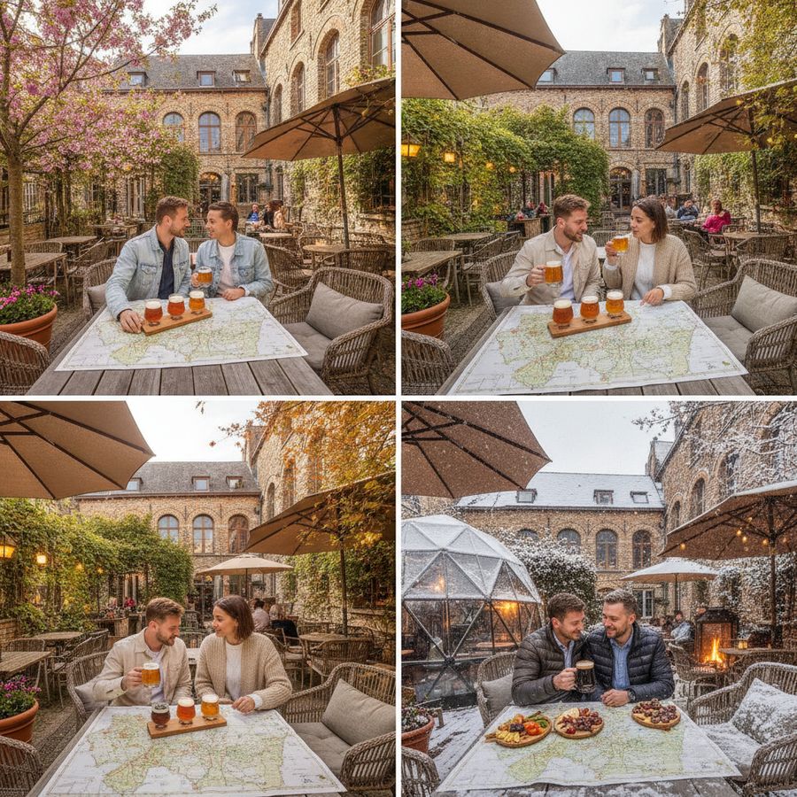 Koppel op een gezellig terras bij een brouwerij terwijl ze een route plannen in zacht daglicht.