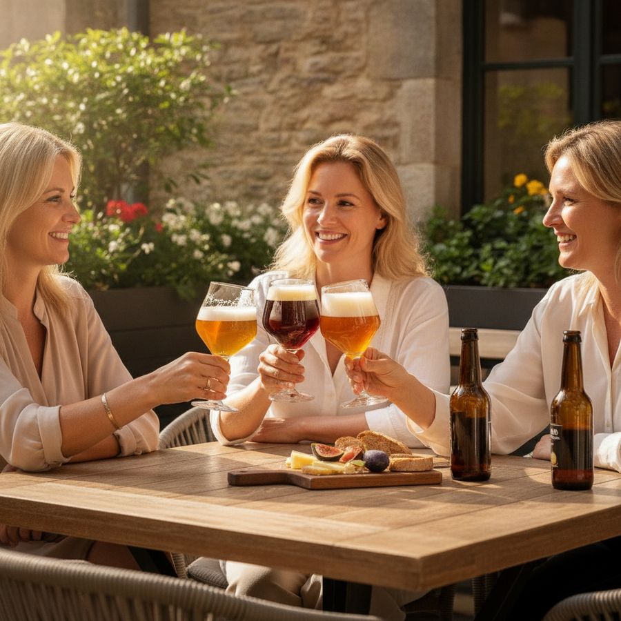 Mensen genieten van schuimende alcoholvrije speciaalbieren aan een houten tafel op een helder terras.