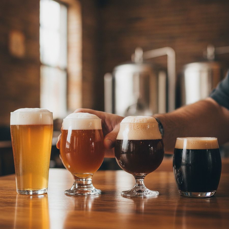 Verschillende bierglazen van lichtgoud tot amber met schuim, bekeken tijdens een rustige proeverij.