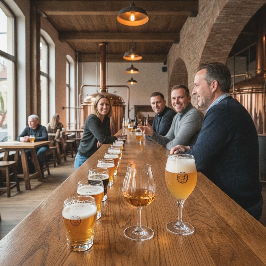 Proefglazen bier en een glas spirit op een houten toog in een warme brouwerijsetting met bezoekers.