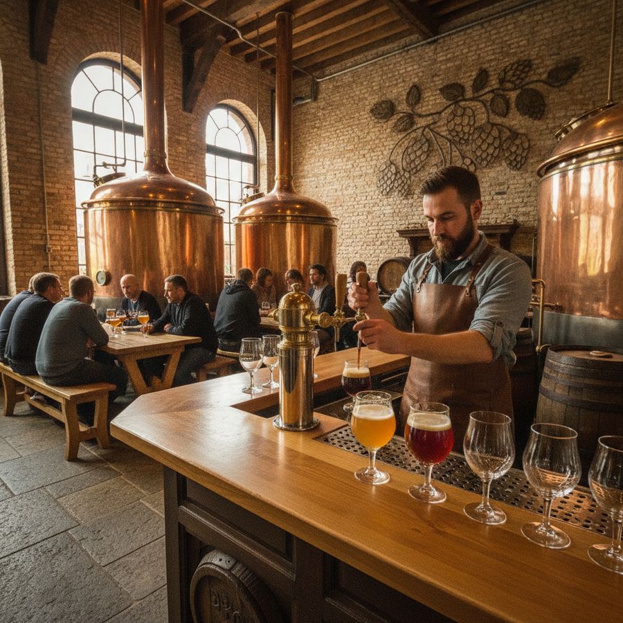 Brouwer schenkt verschillende speciaalbieren in een warme brouwerijomgeving met koperen ketels.
