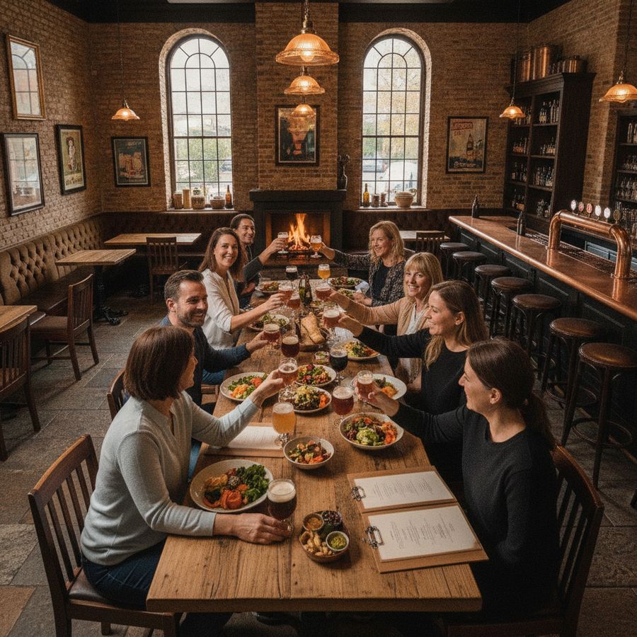 Groep volwassenen aan een lange tafel met vegetarische gerechten en bier in een gezellig café.