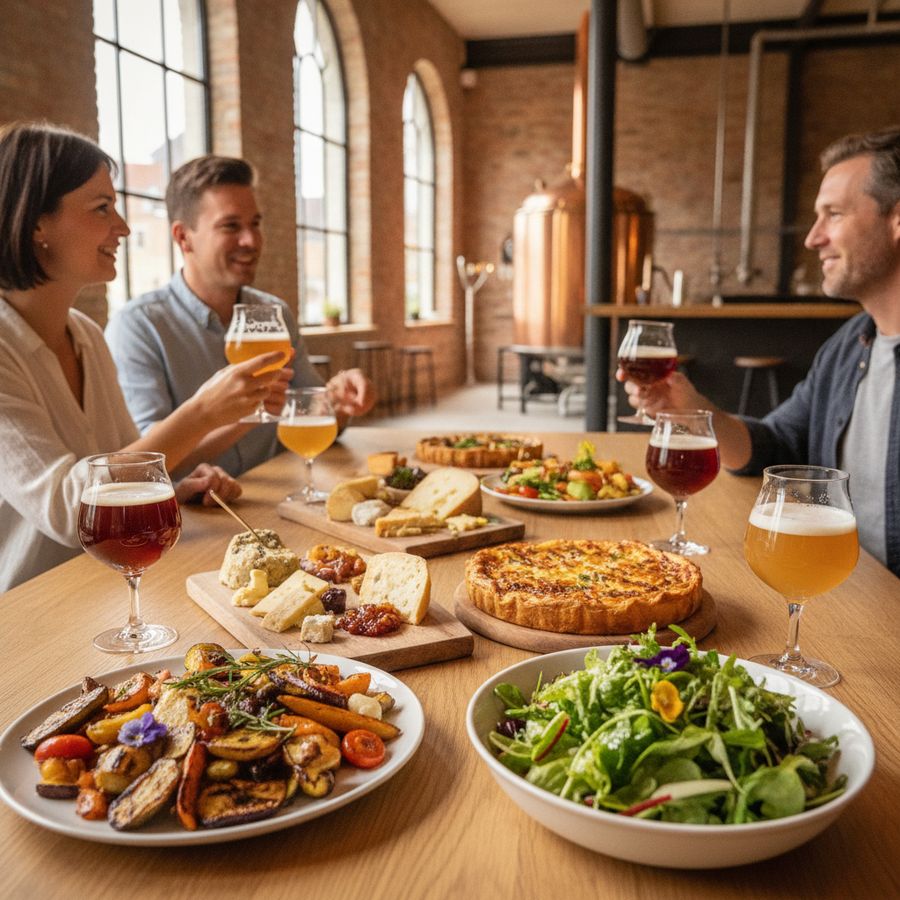 Houten tafel met vegetarische gerechten en verschillende glazen bier in een warme brouwerijsetting.