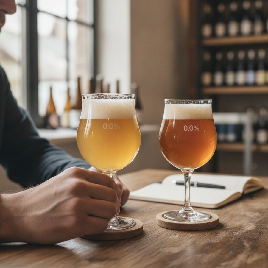 Hand houdt een tulpglas vast naast twee verschillende alcoholvrije bieren tijdens een rustige proeverij.