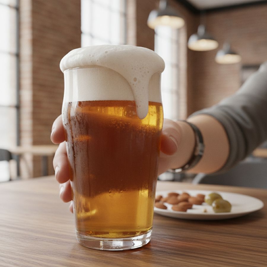 Helder alcoholvrij bier met schuimkraag op tafel in een lichte cafésfeer met subtiele achtergrond.