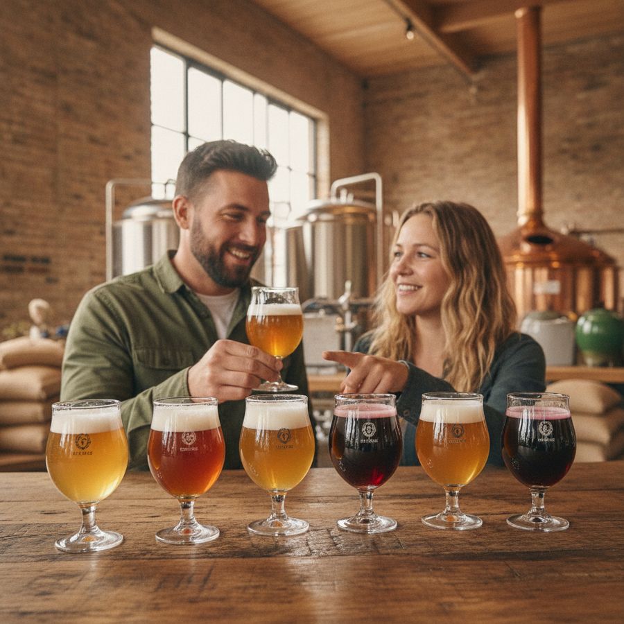 Proefglazen met alcoholvrij bier op een houten toog in een warme brouwerijomgeving met twee bezoekers.