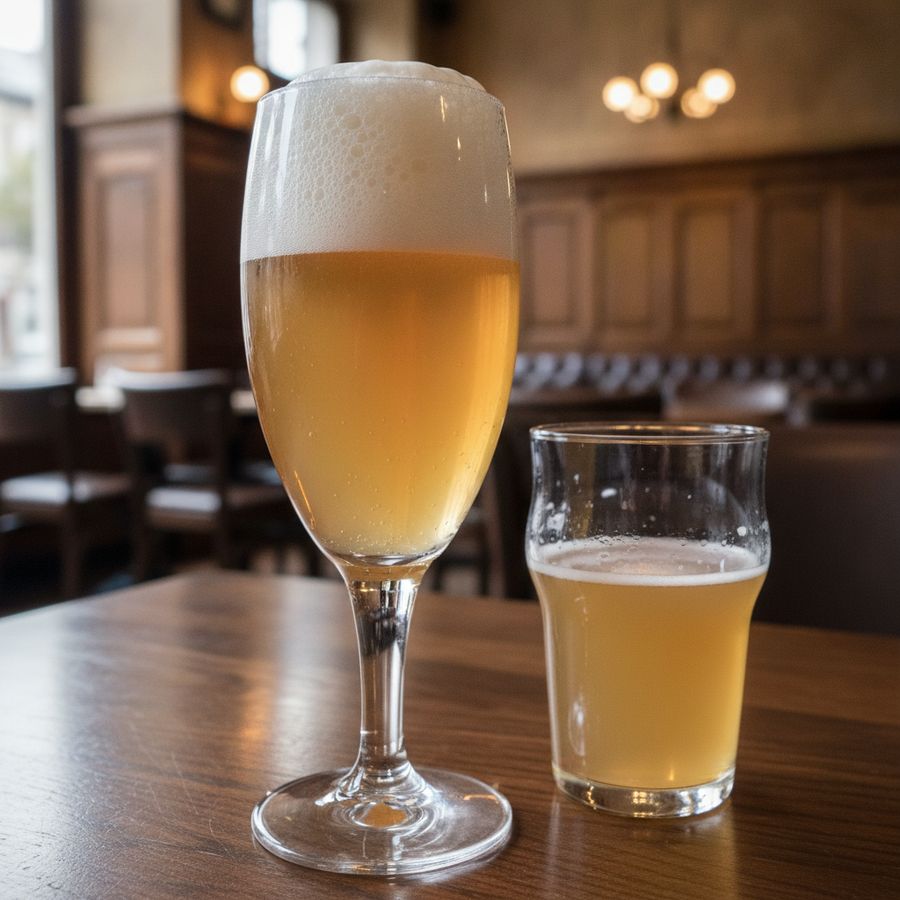 Twee glazen speciaalbier op tafel, met romige schuimkraag en subtiele condens in helder daglicht.